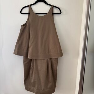 Chloe Womens Tan Brown Layered Popover Sleeveless Shift Dress Pockets
